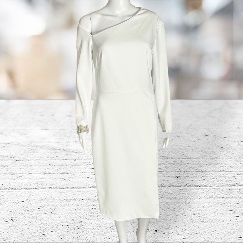 Aidan Mattox White Asymmetrical Neckline Long Sleeve Jeweled Wrist Dress